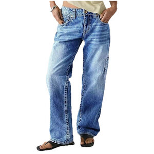 Flamingals Mid Rise Straight Leg Jeans Women Multi Pocket Stretchy Baggy L